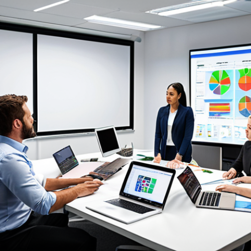 Home 11 **
"A diverse team of professionals collaborating around a table, reviewing a large SWOT analysis chart on a projector screen. The atmosphere is collaborative and focused. Some team members are using laptops. Bright, modern office space. Focus on strategic planning and teamwork."
**