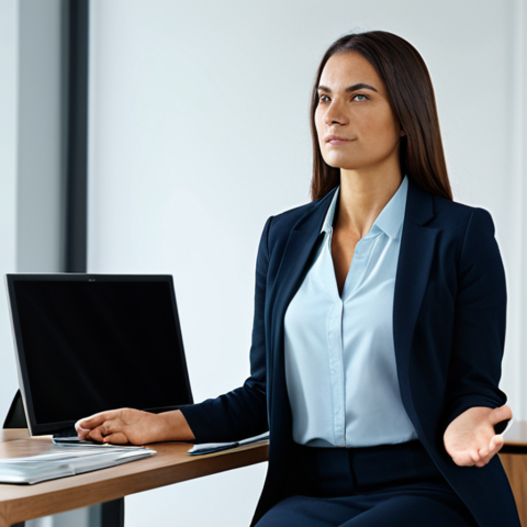 The Self-Aware Leader**
A professional, fully clothed Brazilian businesswoman in a modern office setting, sitting at her desk, meditating with a serene expression. Soft, natural lighting. Focus on her calm demeanor and confident posture. Safe for work, appropriate content, professional, perfect anatomy, natural proportions. The scene should convey introspection and self-awareness. She is wearing a modest, yet stylish business outfit.
**