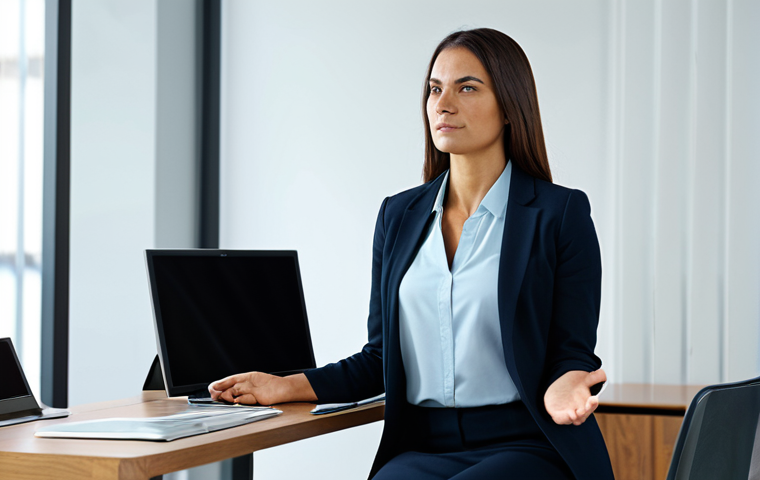 The Self-Aware Leader**
A professional, fully clothed Brazilian businesswoman in a modern office setting, sitting at her desk, meditating with a serene expression. Soft, natural lighting. Focus on her calm demeanor and confident posture. Safe for work, appropriate content, professional, perfect anatomy, natural proportions. The scene should convey introspection and self-awareness. She is wearing a modest, yet stylish business outfit.
**