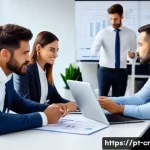 Home 21 역량 갭 분석을 통한 경력 개발 전략 - A professional Brazilian office setting with a diverse group of coworkers engaged in a collaborative...