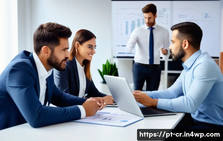 역량 갭 분석을 통한 경력 개발 전략 - A professional Brazilian office setting with a diverse group of coworkers engaged in a collaborative...