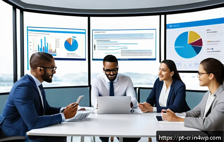 역량 갭 분석의 디지털 전환 - A modern corporate office scene showing a diverse team of professionals engaged in a detailed skills...