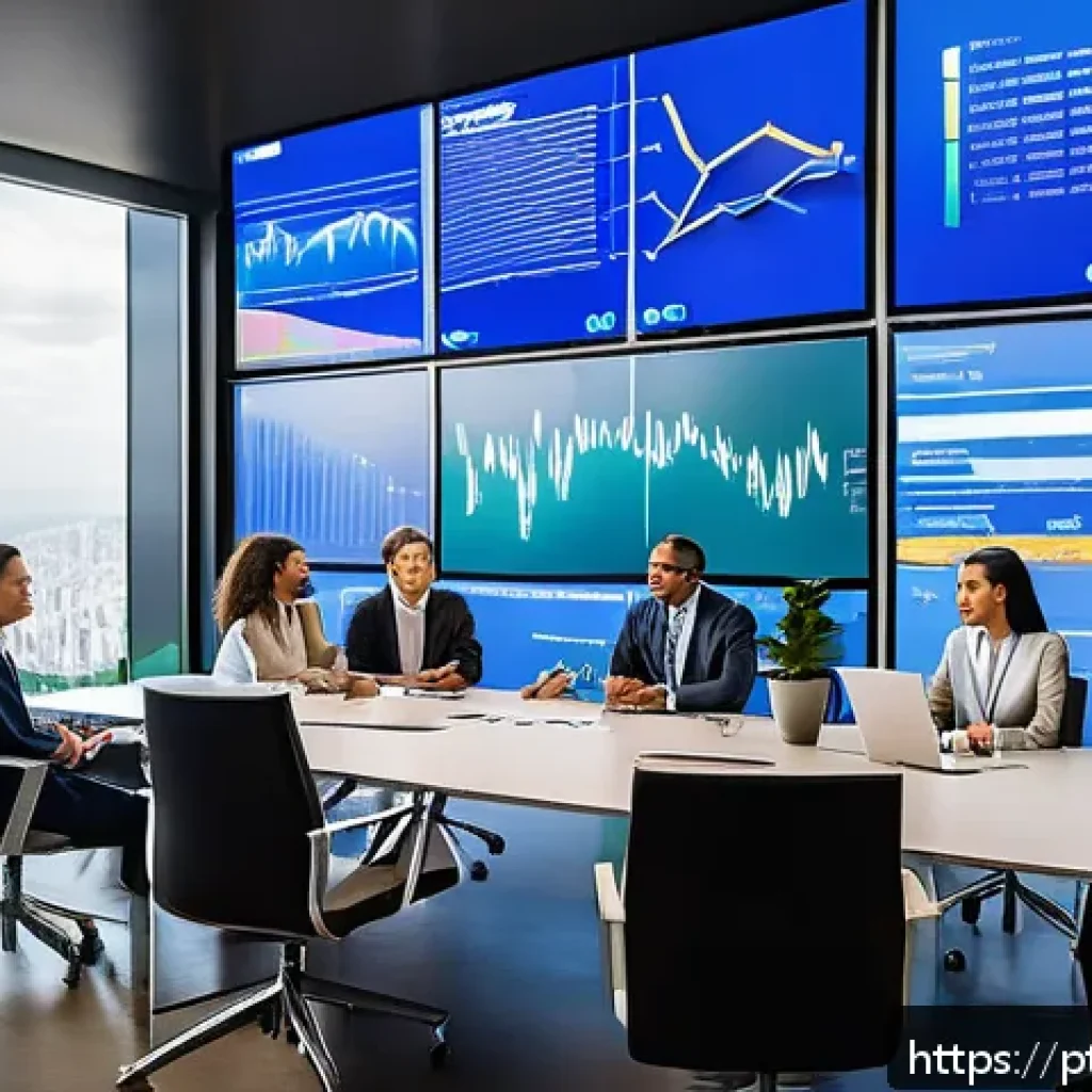 리더십 역량 갭 분석의 필요성 - A modern corporate office scene showing a diverse group of professional leaders engaged in a dynamic...